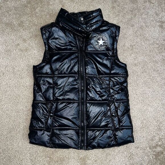 Converse Vest Large Youth 12-13 YRS Black Puffer Full Zip Pockets Logo Girls - Picture 1 of 5